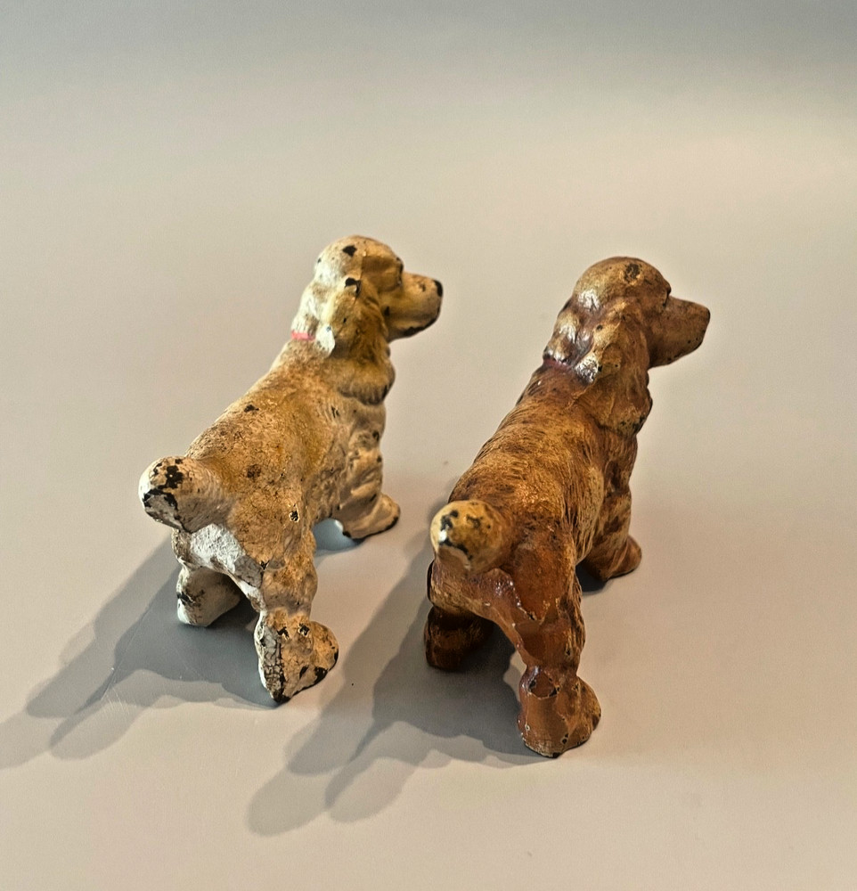 2 Vintage Hubley Solid Cast Iron Cocker Spaniel Dog Paperweight Figures