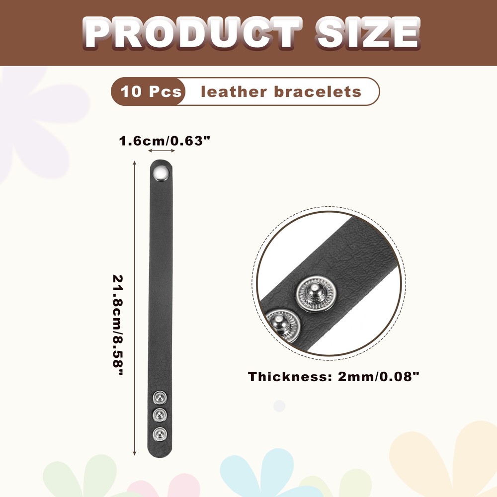 10 Pcs Plain Leather Bracelets Leather Snap Bracelets, Black