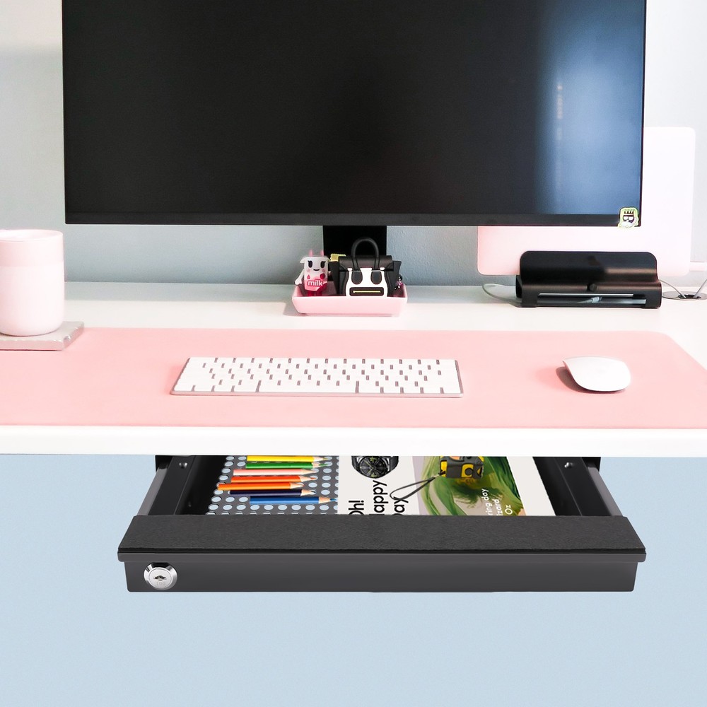Black Metal Under Desk Locking Sliding Drawer Pull Out Hidden Storage Organizer