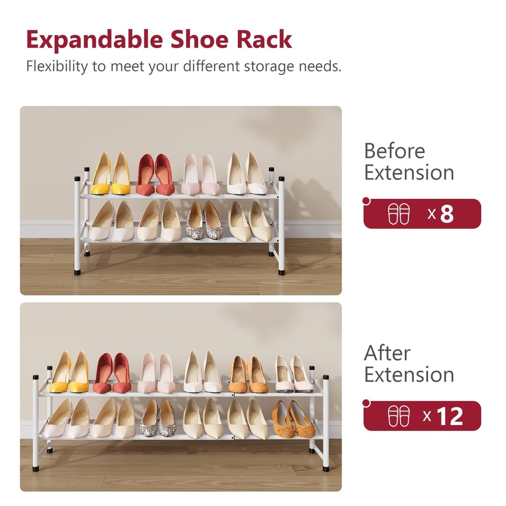 Tajsoon 2Tier Expandable Metal Shoe Rack 2841 in Adjustable Stackable White