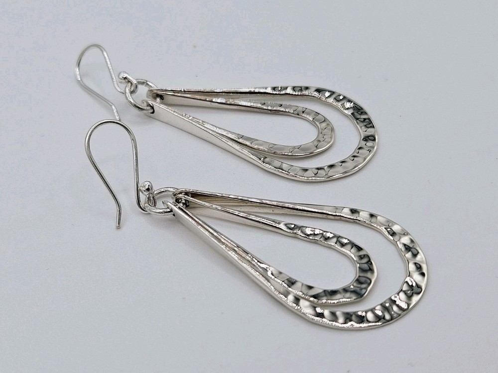 925 Sterling Silver Hammered Teardrop Dangle Earrings Statement 7.2g
