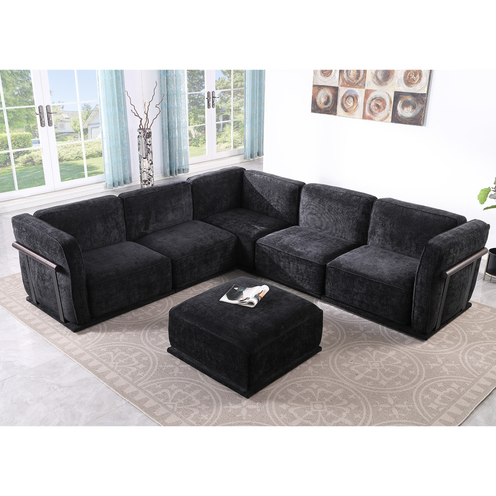 120 Inch Black Chenille Modular Sectional Sofa, Square Arms, Split Back, Modern