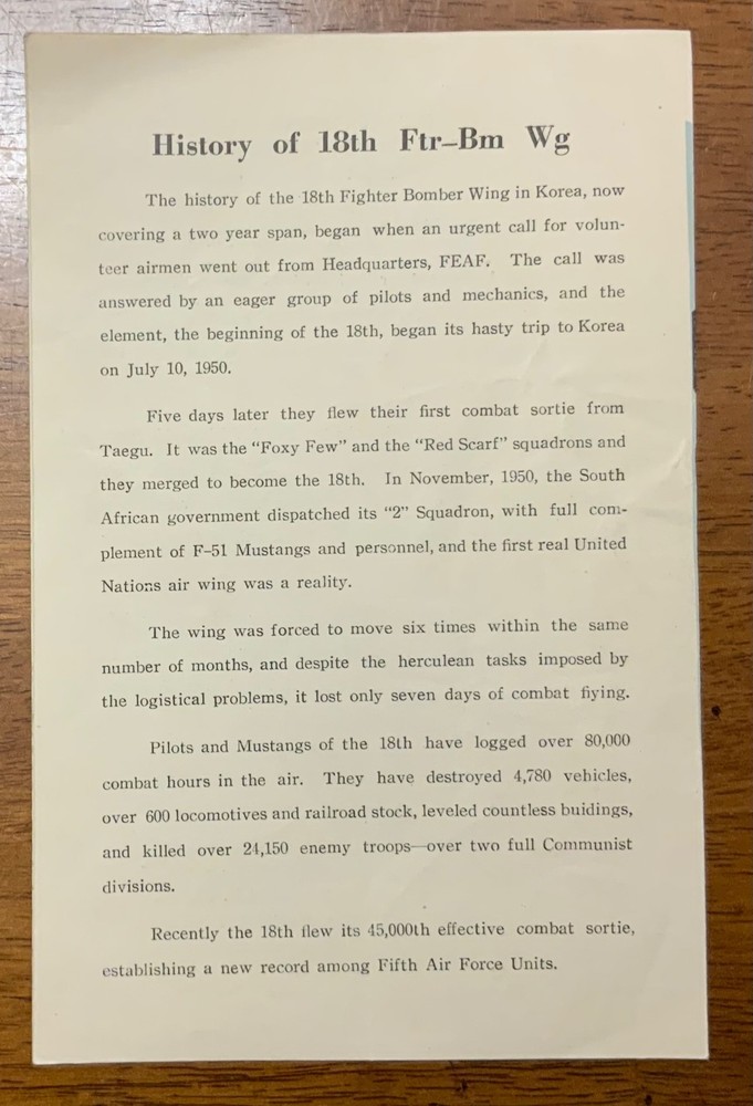 Korean War Air Force 18th Fighter Bomber Wing 5th Air Force Anniversary Program