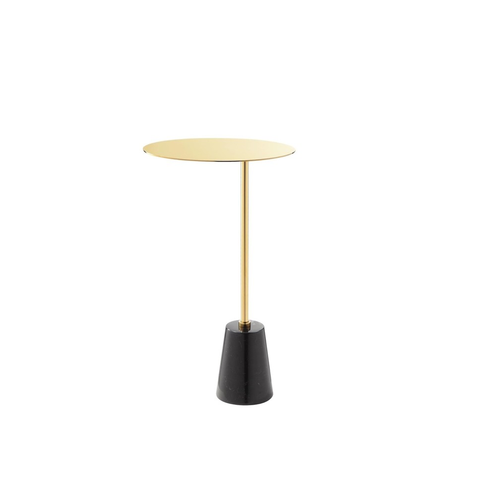 Benjara Frank 12" Drink Side End Table- Gold Top- Black Marble Solid Cone Base