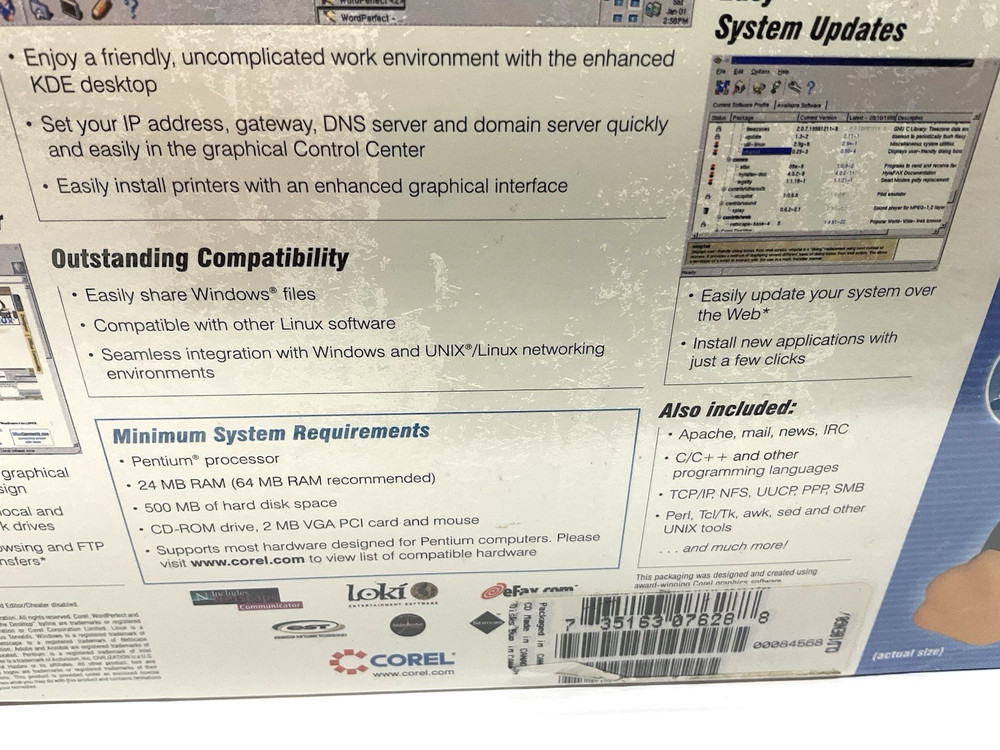 COREL LINUX OS DELUXE PC FILE MANAGER BIG BOX 1999 With Linux Penguin New Sealed