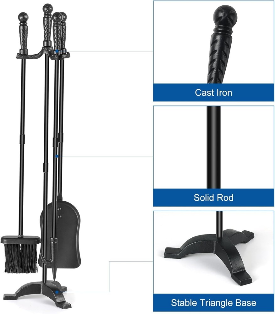 Durable Cast Iron Fire Tools with Stand - Complete Fireplace Tool Set for Homes