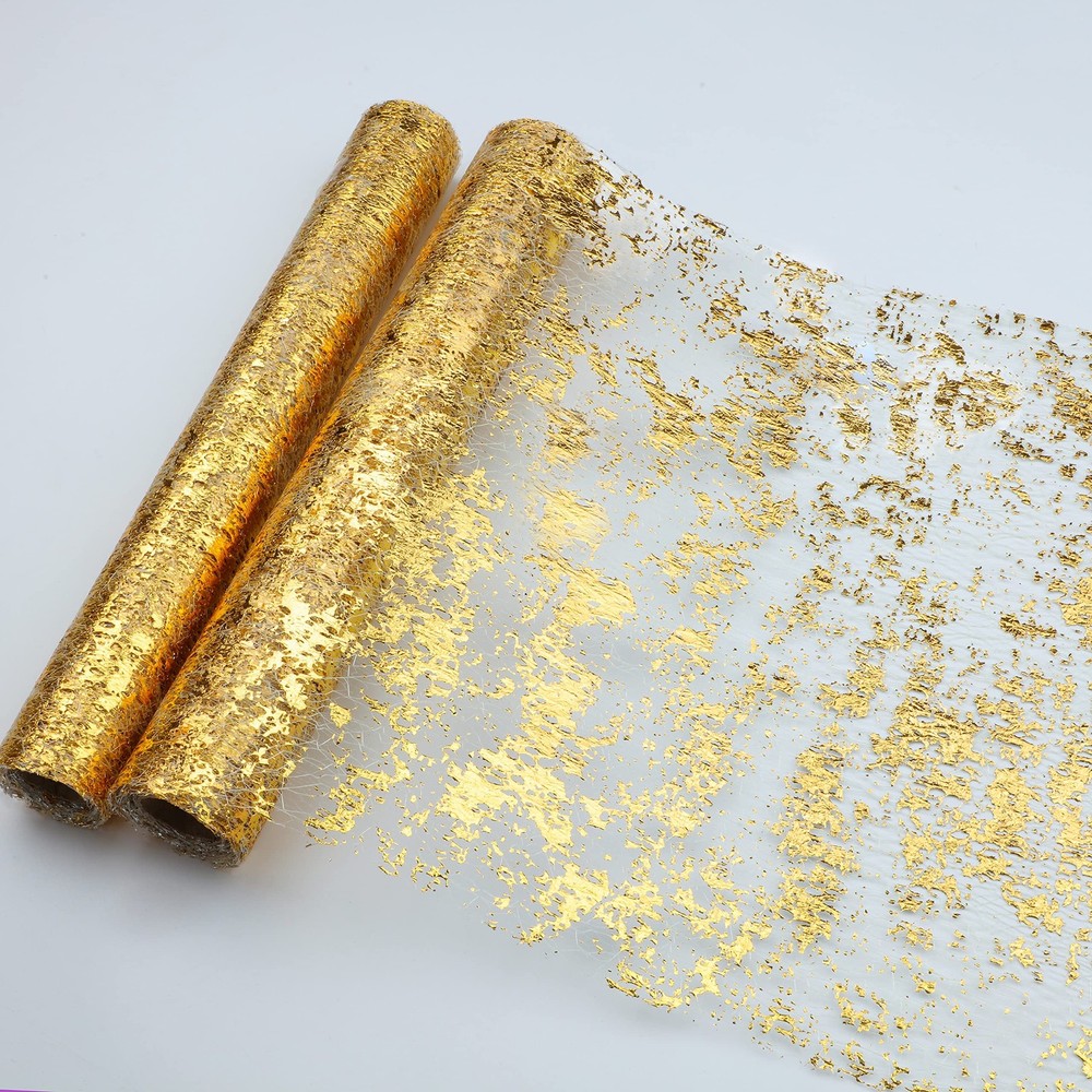 2 Pieces Gold Table Runner, Sequin Glitter Foil Metallic Thin Mesh Runner Rol...