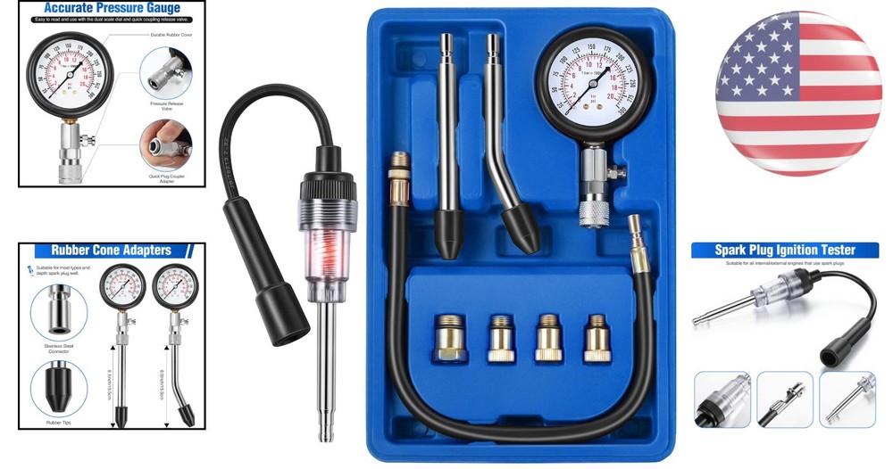 9-Piece Automotive Compression Tester Kit with Spark Plug Tester - Universal Use