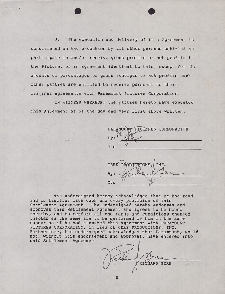 RICHARD GERE - DOCUMENT DOUBLE SIGNED 10/28/1985