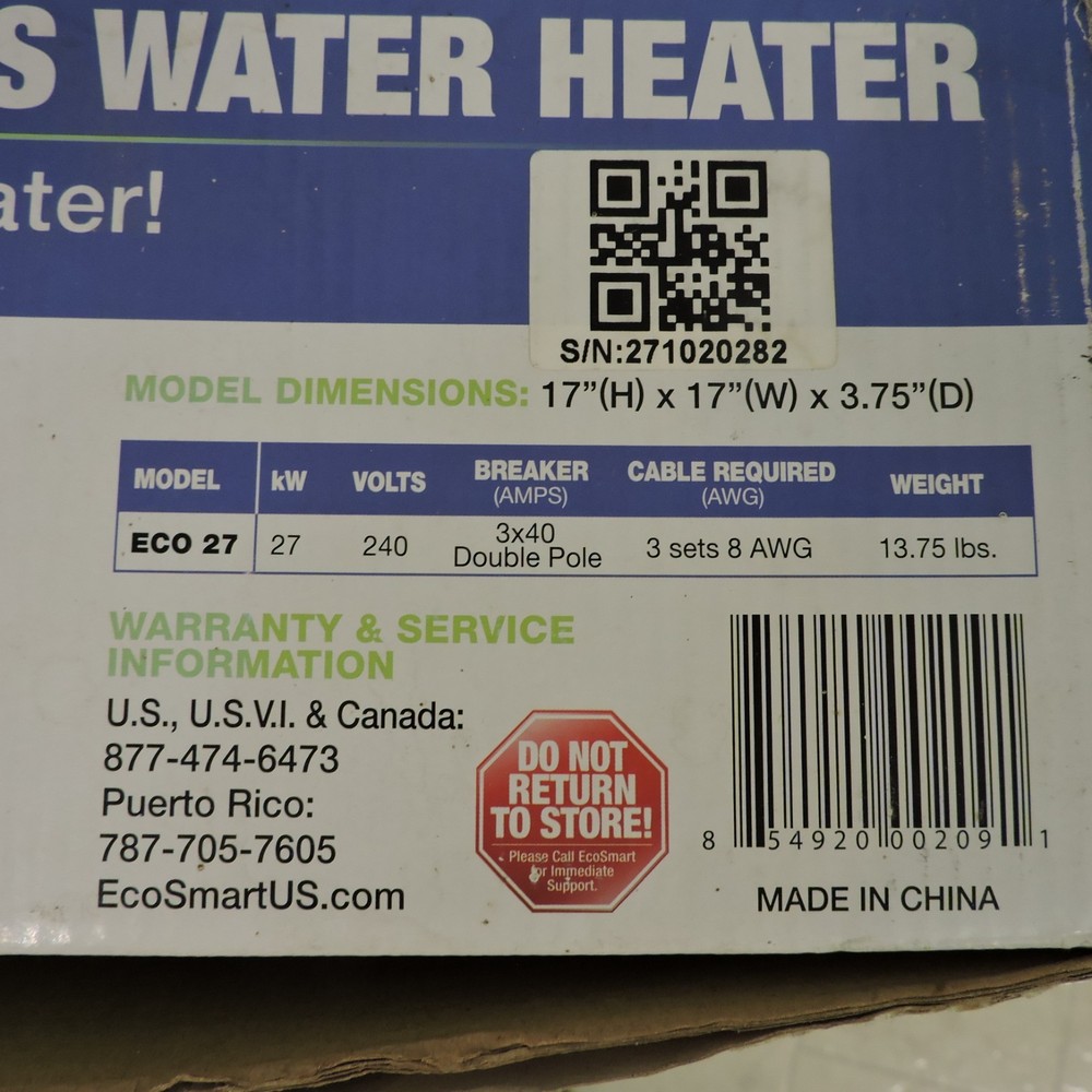 EcoSmart ECO 27 Electric Tankless Water Heater, 27 KW at 240 Volts, 112.5 Amps