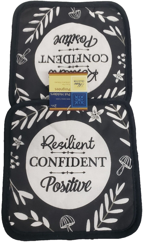 2 Same Printed Kitchen Pot Holders (7" x 7") RESILIENT, CONFIDENT, POSITIVE, GR