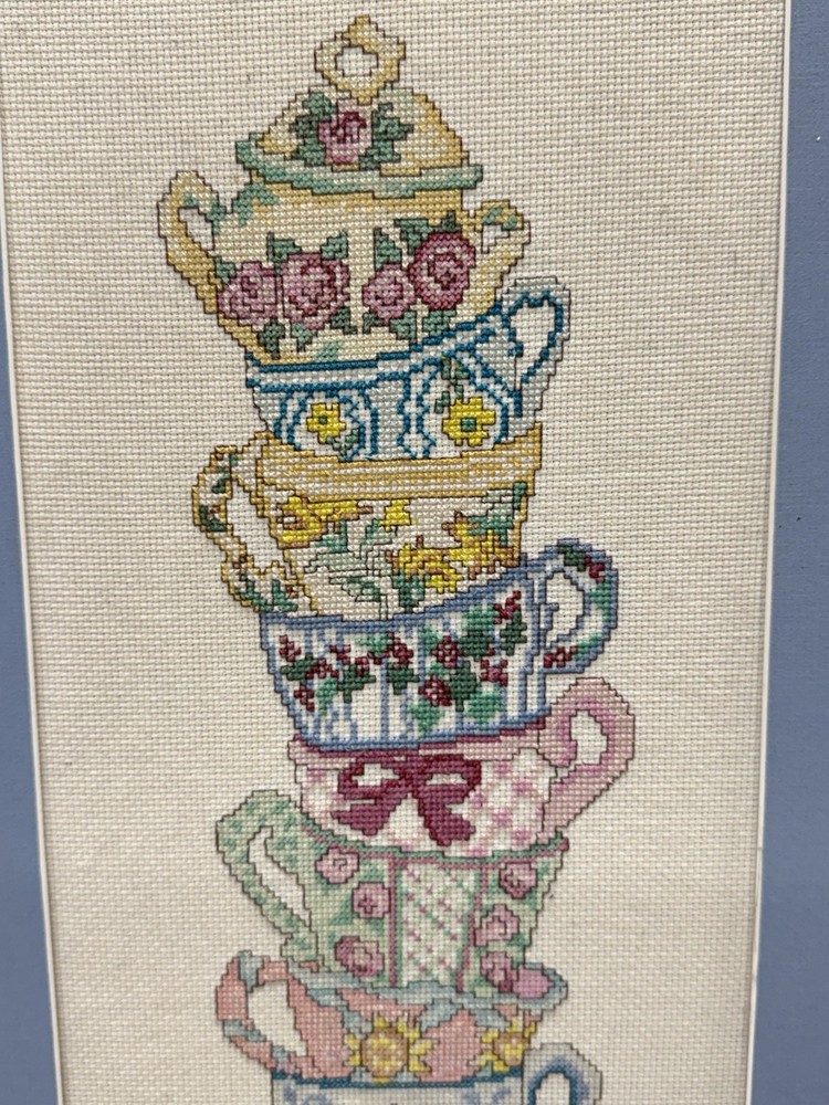 Vtg Framed & Completed Candamar Designs Tea Cup Stack Counted Cross Stitch