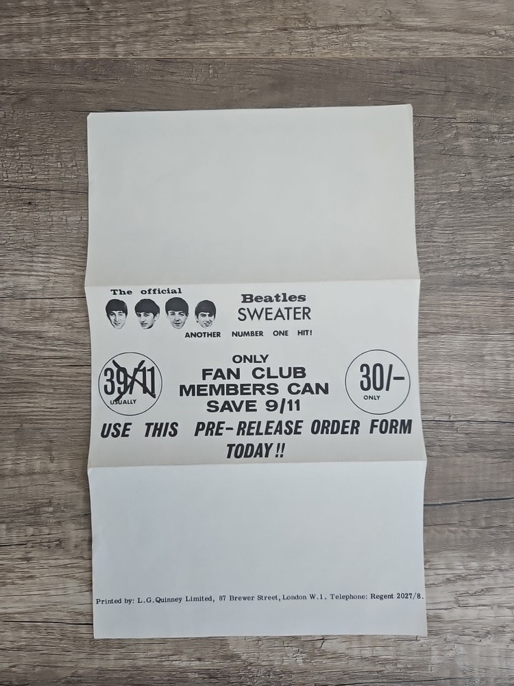 Original 1963 Beatles Sweater Order Form Complete