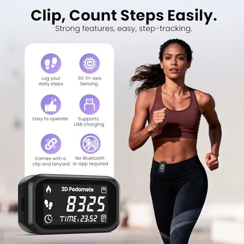 3D Pedometer for Walking,Accurate Step Counter & Calorie Tracker - Clip-On