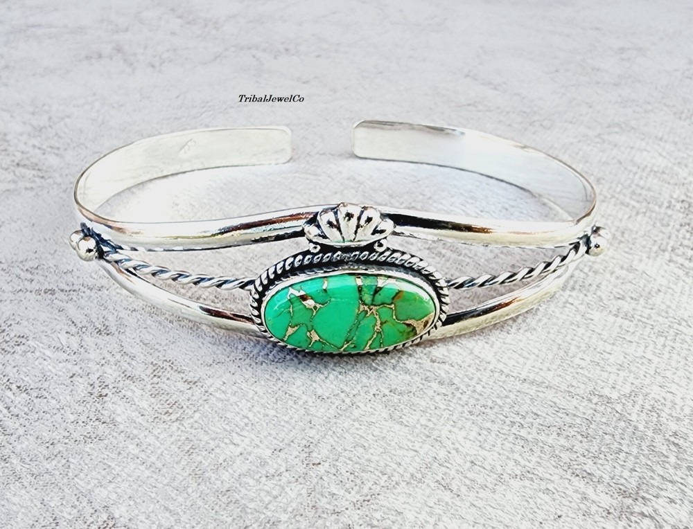 925 Sterling Silver Green Copper Turquoise Bangle Adjustable Bangle Gemstone