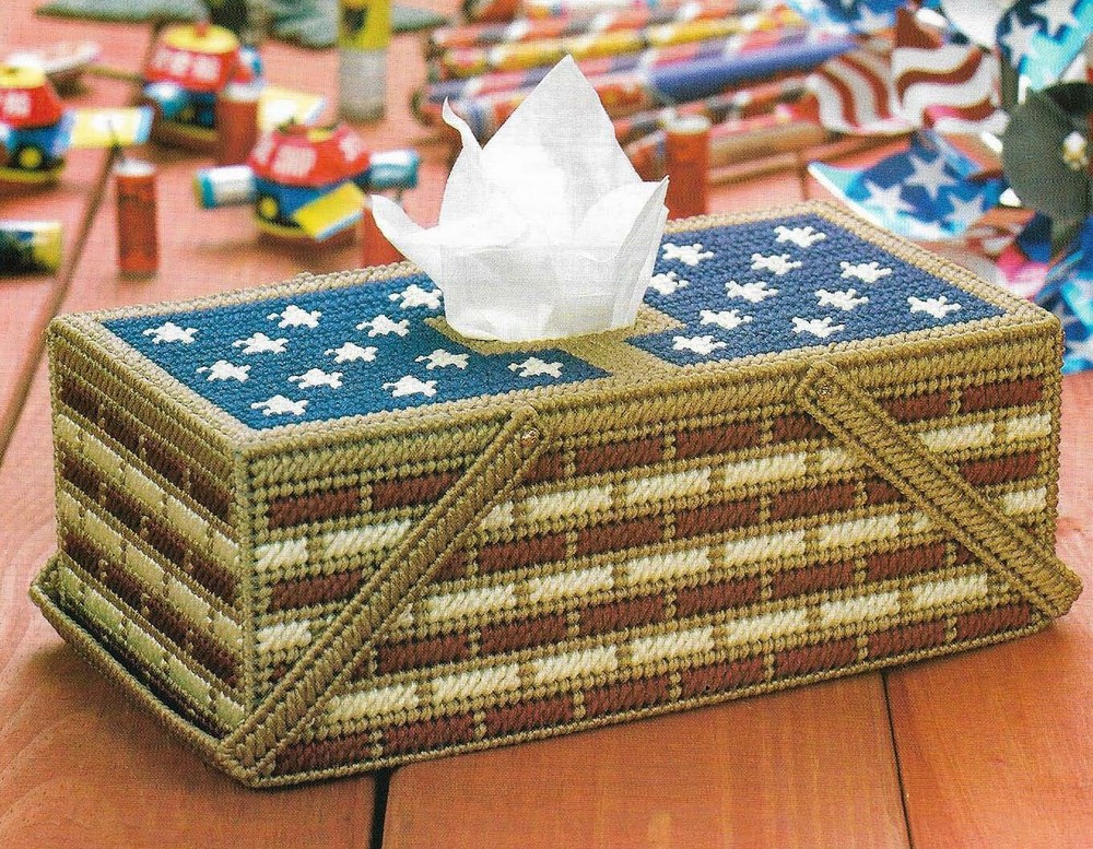 AMERICANA PICNIC BASKET TISSUE TOPPER COVER PLASTIC CANVAS PATTERN INSTRUCTIONS