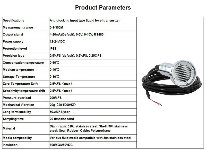 Liquid Level Transmitter Anti-Blocking Sewage Static Pressure Pool Sensor Type