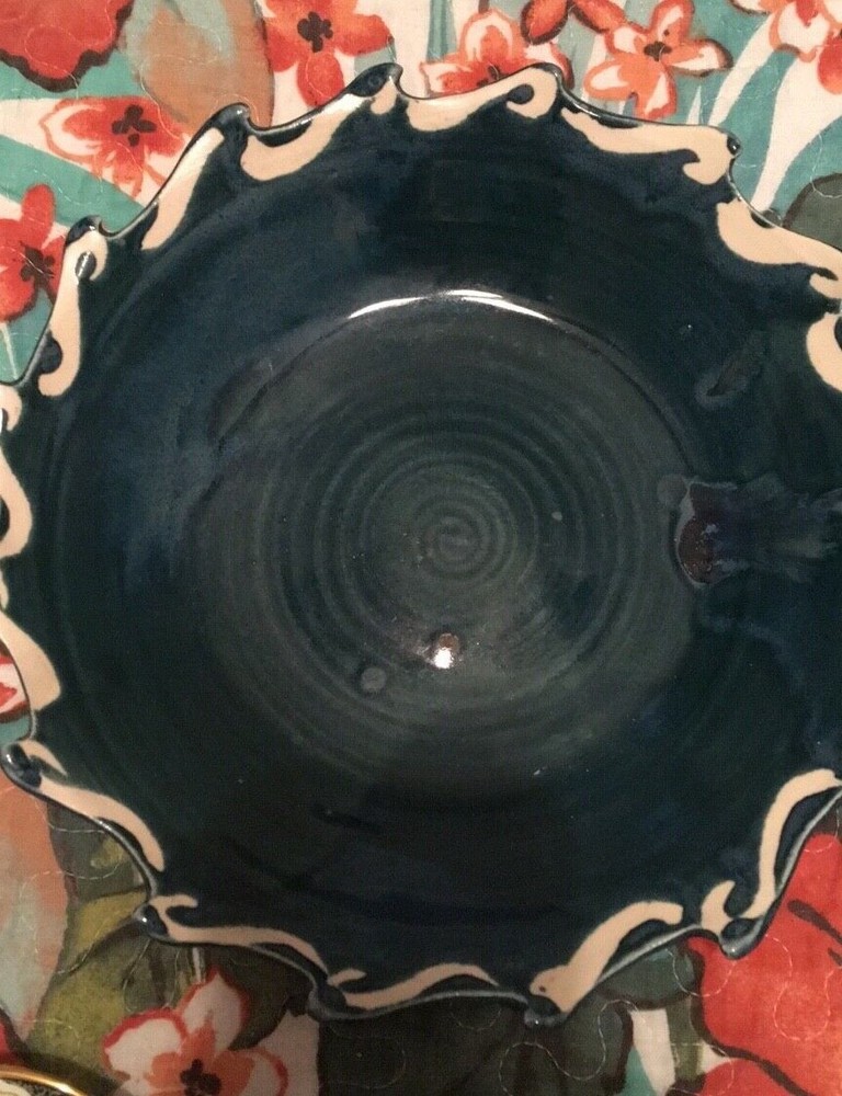 Handmade Pottery Blue Dish with Wave Pattern
