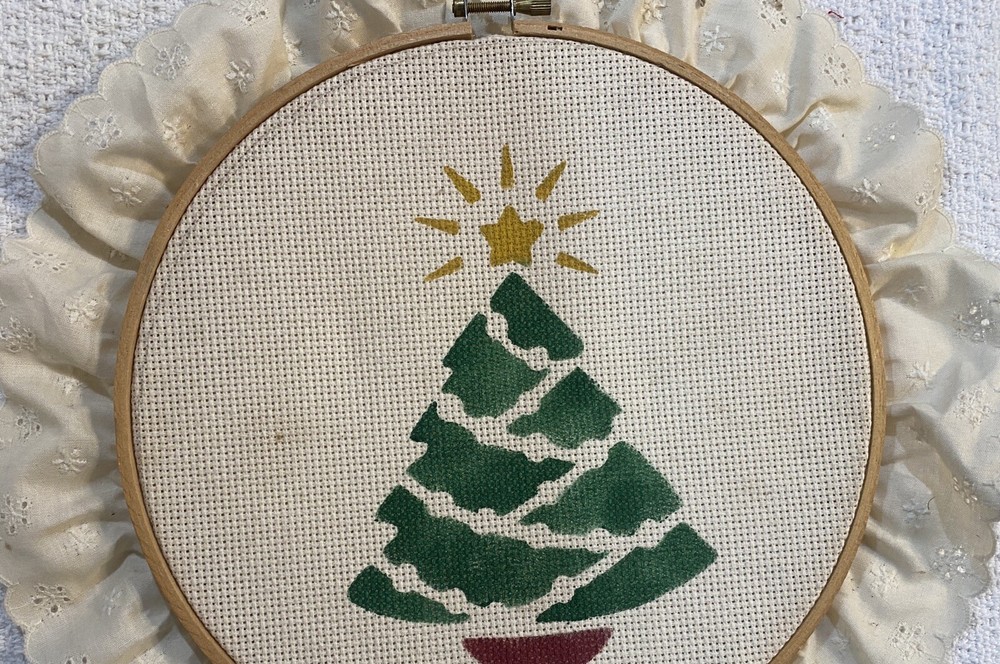 Vintage Hand Painted Christmas Tree on Needlepoint Canvas Embroidery Ring Framed