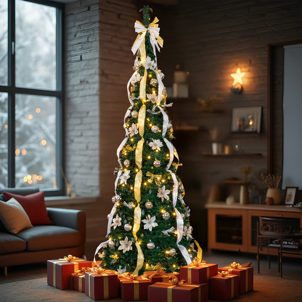 7FT Fully Decorated Pre-lit Christmas Tree, Pop Up Artificial Xmas Tree w/ Light