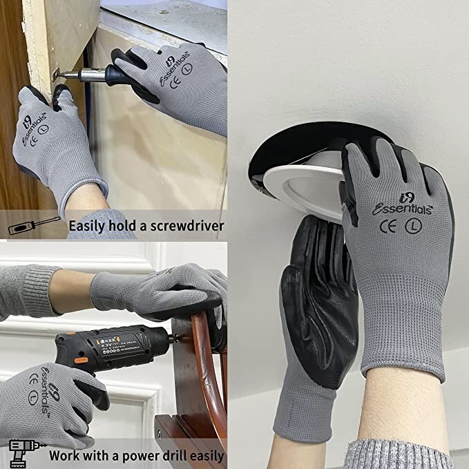 12 Pairs Polyester & Nitrile Safety Work Gloves with Seamless Liners Smooth