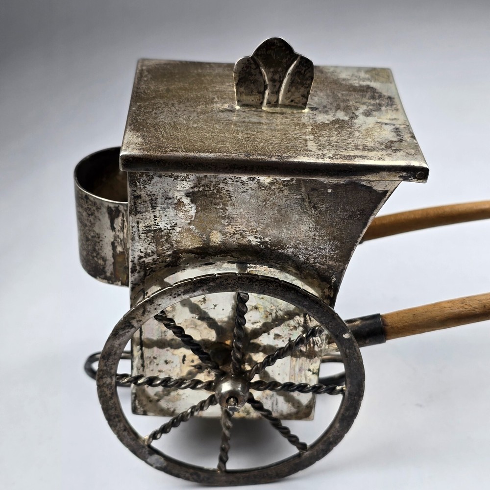 Vintage Mexico Sterling Silver & Wood Rickshaw Tabletop Cigarette Box