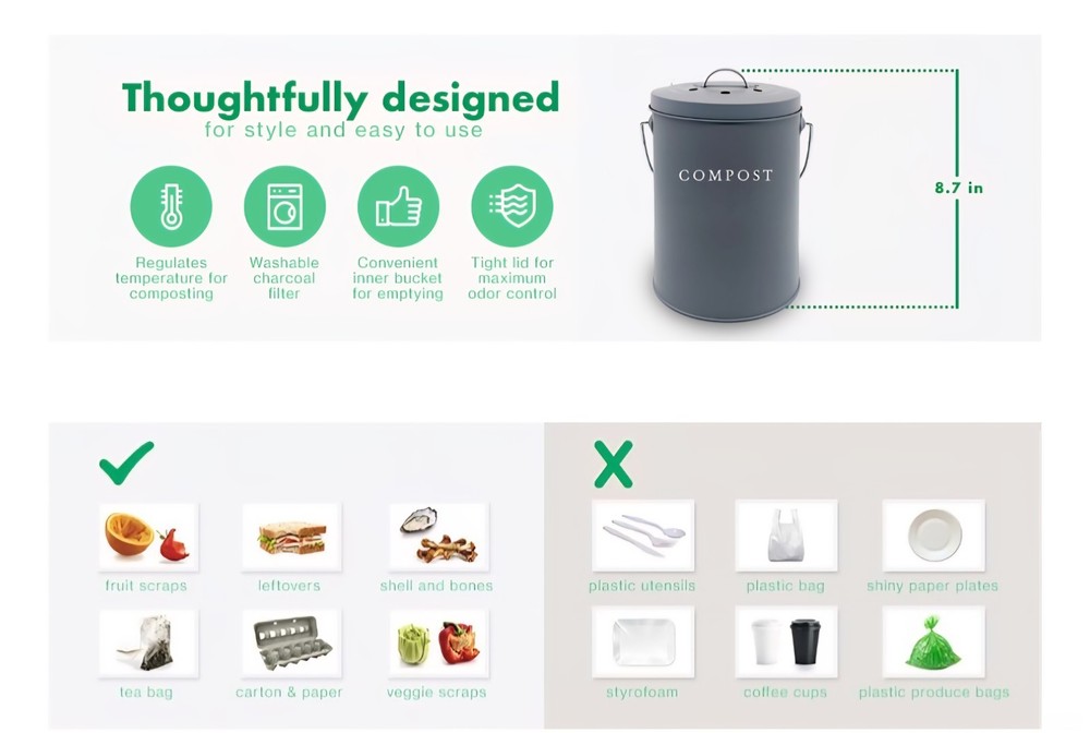 GdTimes Indoor Compost Bin Kitchen Odorless With Lid Grey