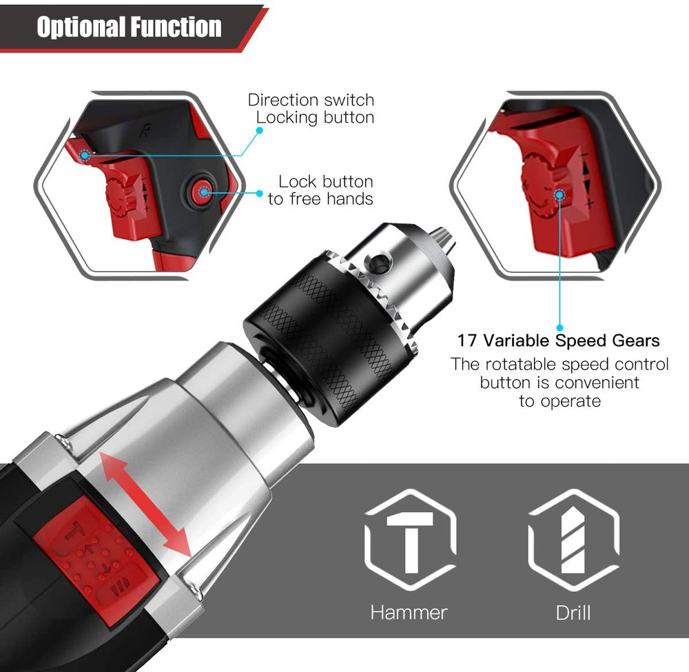 Hammer Drill 950W High Power Impact Drill Tool 13MM Keyed Chuck 17Variable Speed