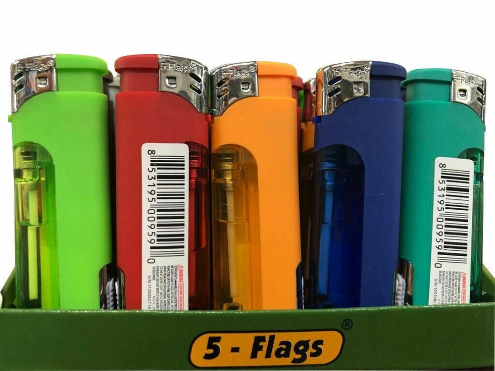 (7 Pack) 5-Flags Refillable Butane Flame AST Lighter (Colored LED Flashlight)New