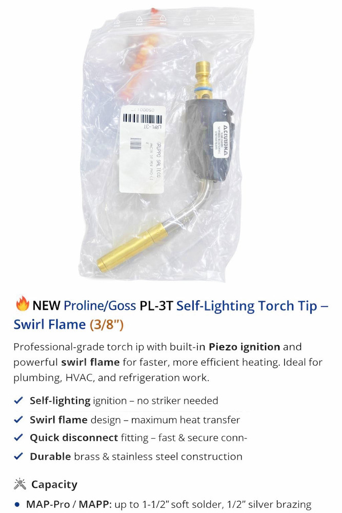Goss Proline PL-3T Self-Lighting Swirl Flame Torch Tip | For MAP-Pro & Propa