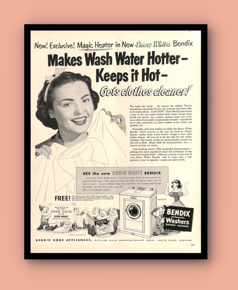 1952 Bendix Snow White Washer Vintage PRINT AD Magic Heater