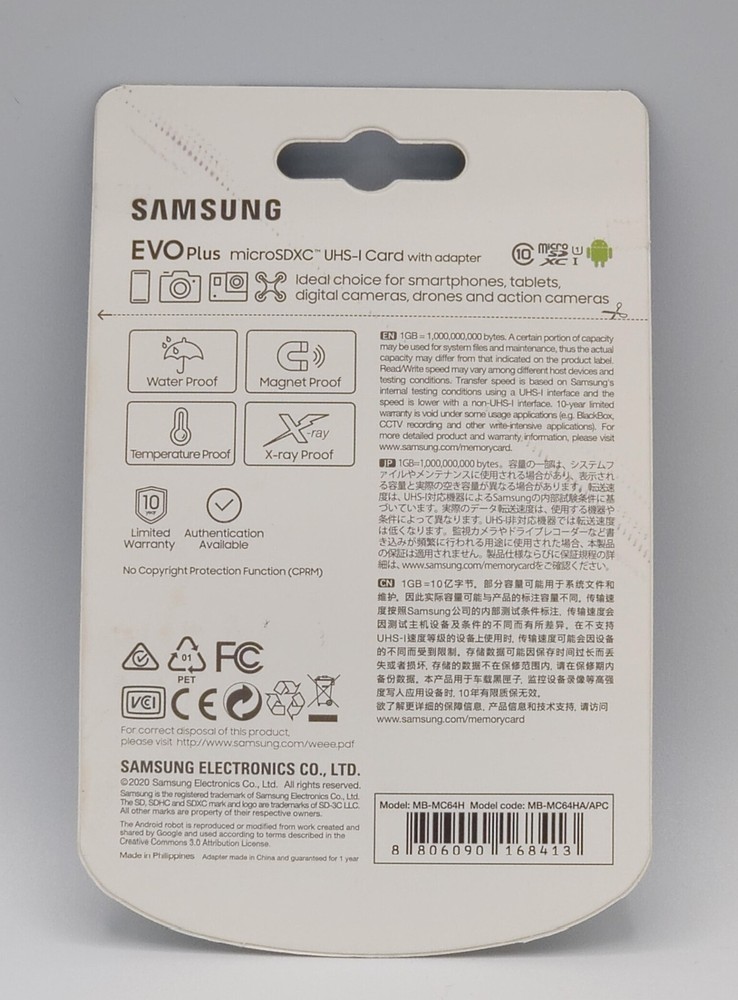 Samsung EvoPlus 64GB Micro SDXC UHS-IClass 10 Flash Memory Card with SD Adapter