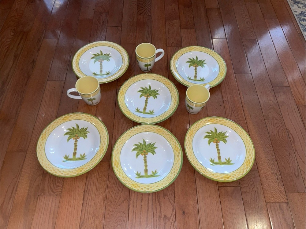 Tabletop Unlimitted Tropical Palm Tree Leaf 6 Dinner Plates & 3 Cups. Yellow