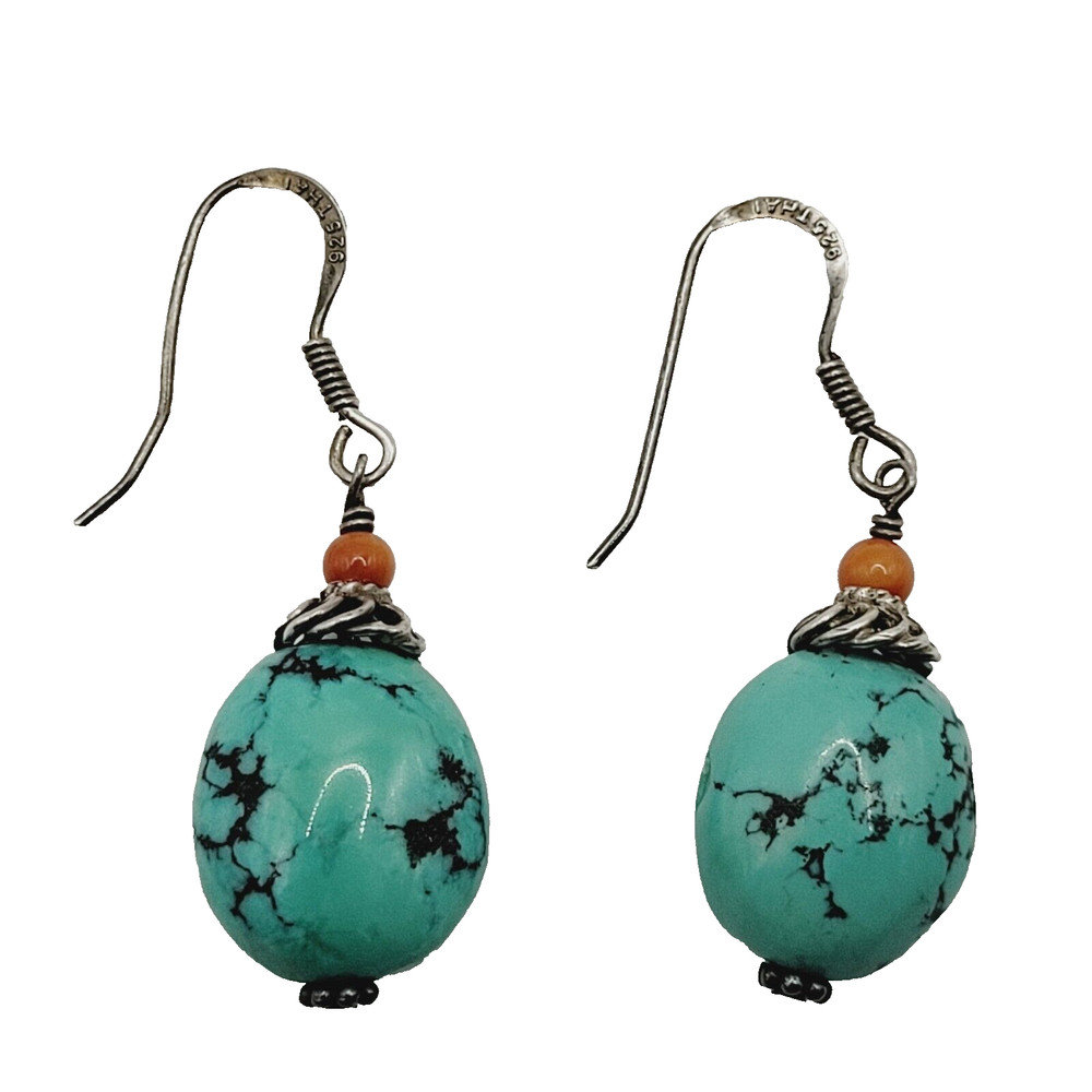 Turquoise Drop Dangle Pierced Hook 925 Sterling Silver Earrings Thailand