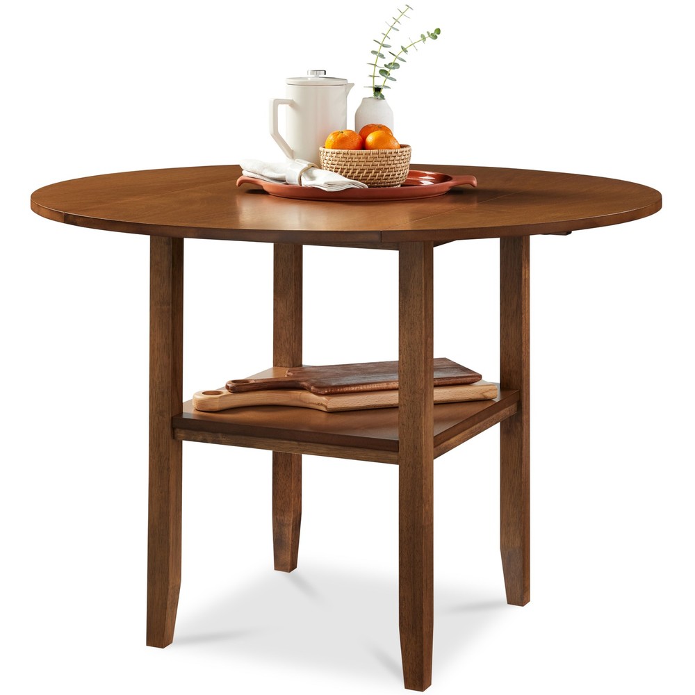 Best Choice Products 42" Round Drop Leaf Dining Table For 4, Solid Wood W/ Shelf