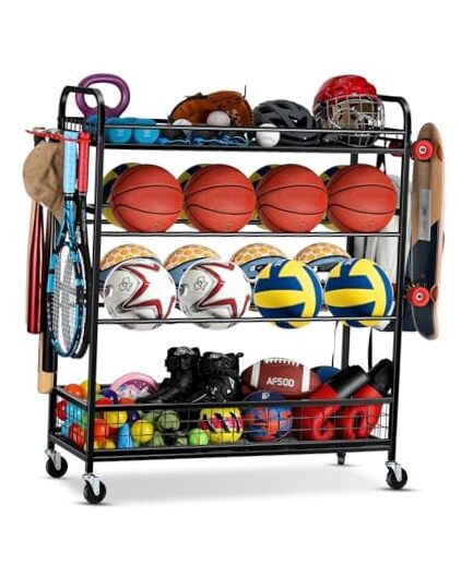 Garage Sports Equipment Organizer - Rolling Ball Storage Bin with Wheels, Black