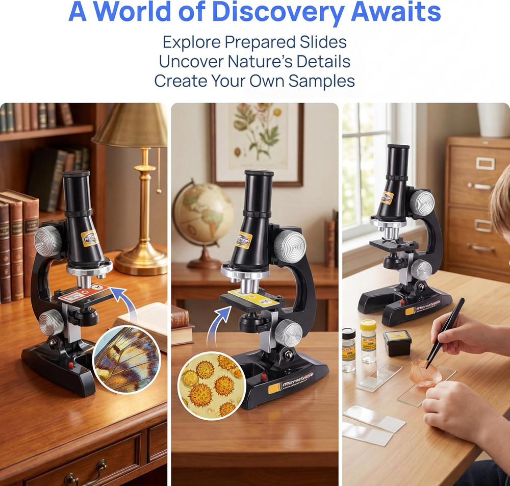 Kids Microscope Kit with LED Light - 100X/400X/1200X Magnification for STEM Lear