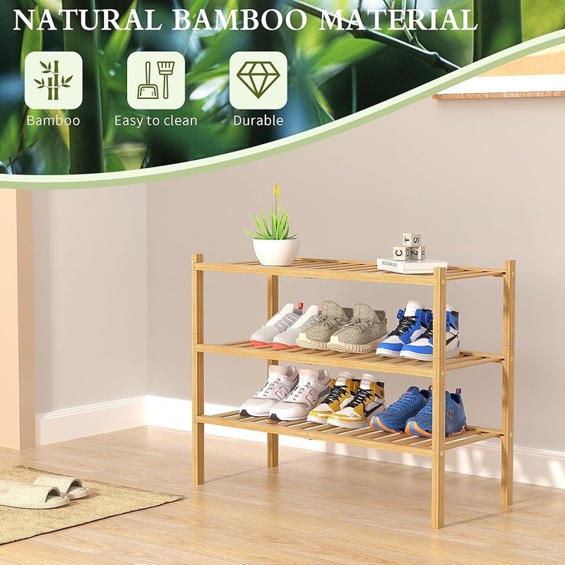Stackable Bamboo Shoe Rack 3 Tier Entryway Organizer Durable Storage Shelf New