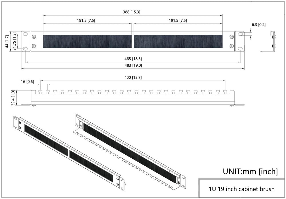 1U Brush Cable Manager Horizontal Rack Mount Panel 19Inch Server Cabinet