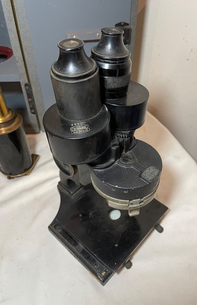 antique Carl Zeiss Spencer Buffalo binocular lab microscope brass attachments