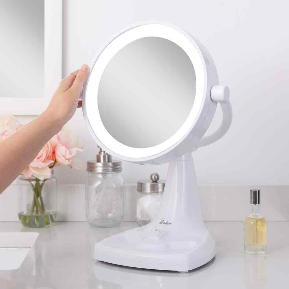 Zadro Makeup Mirror 11"X17.5 Adjustable B-Fold Freestanding Round Lighted White