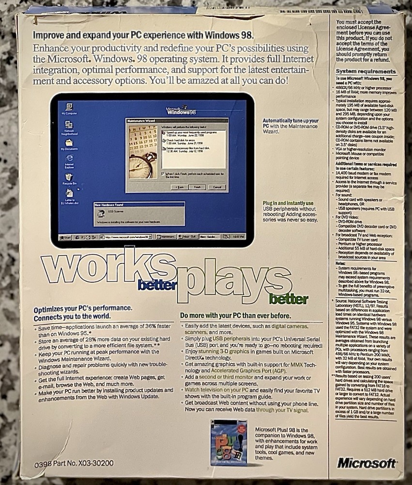 Windows 98 Compkete CD + Key + Boot 3.5 With Upgrade Disk + Box & Documents 100%