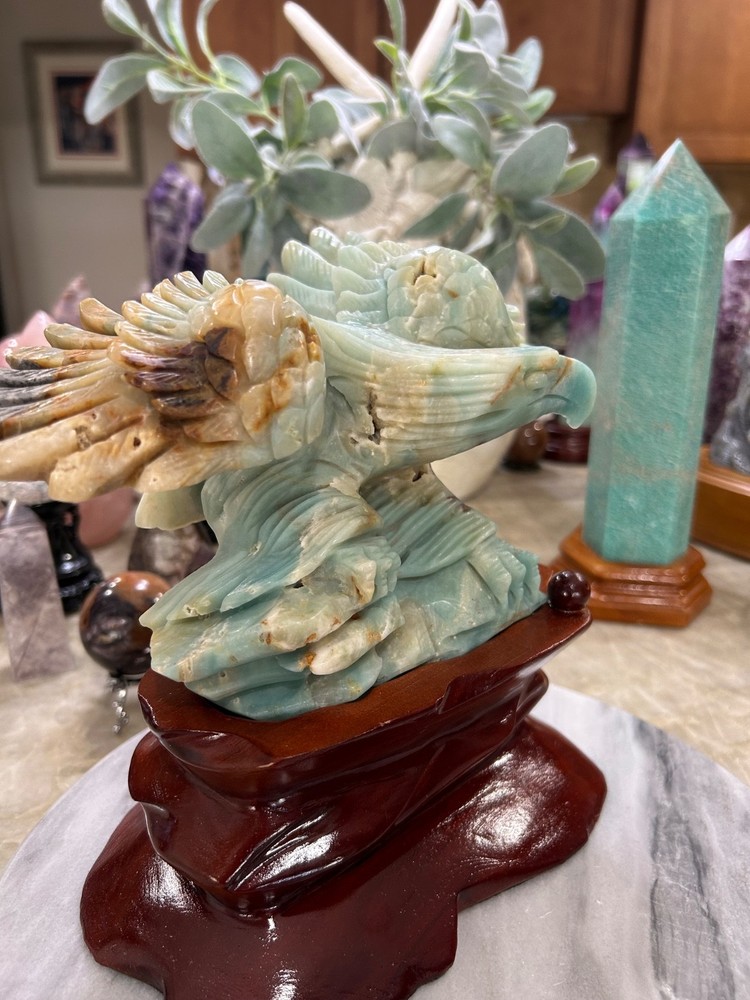 Amazonite Eagle hand carved on custom wood stand