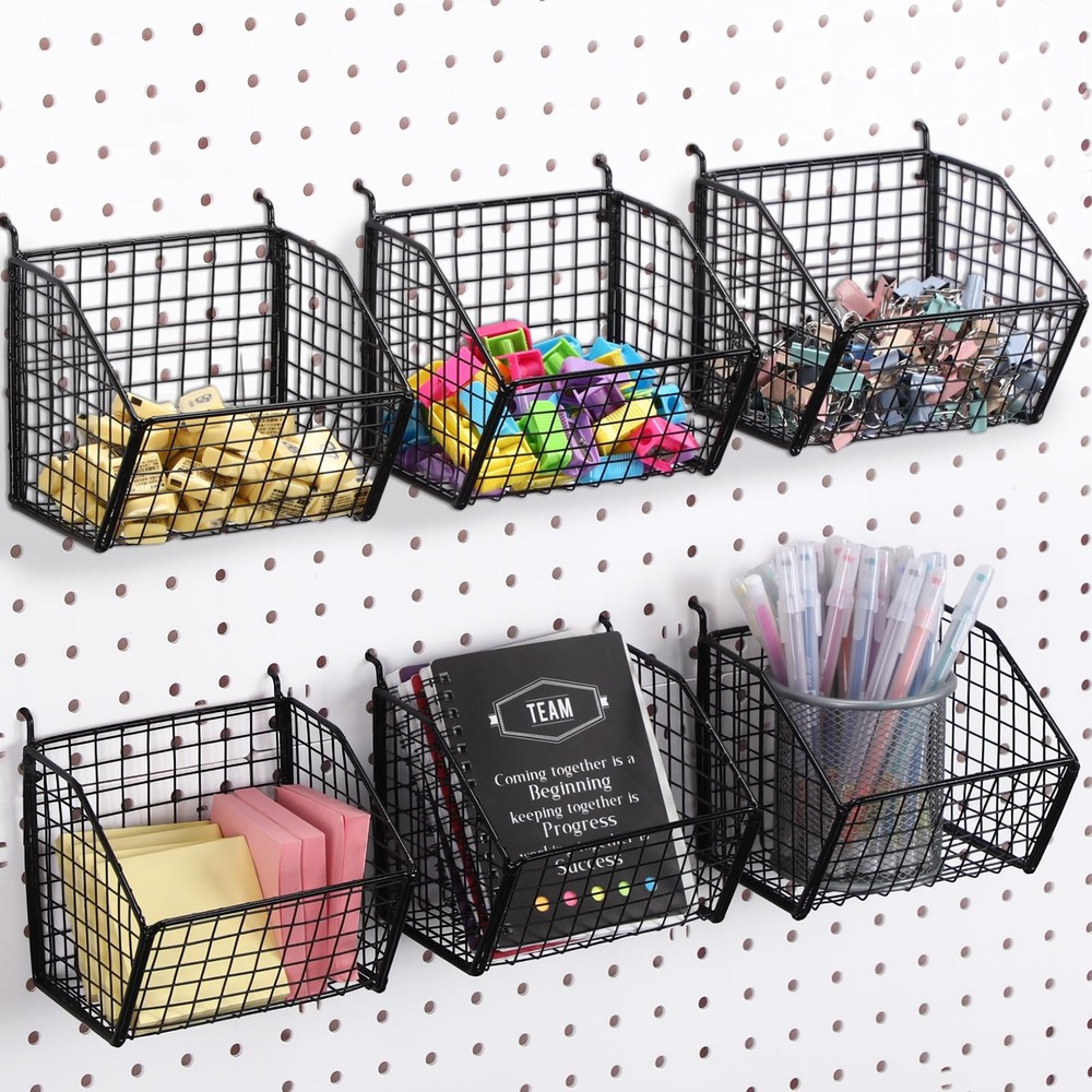 6 Pack Black Pegboard Baskets Metal Wire Shelf Baskets Peg Board Organizer Wa...