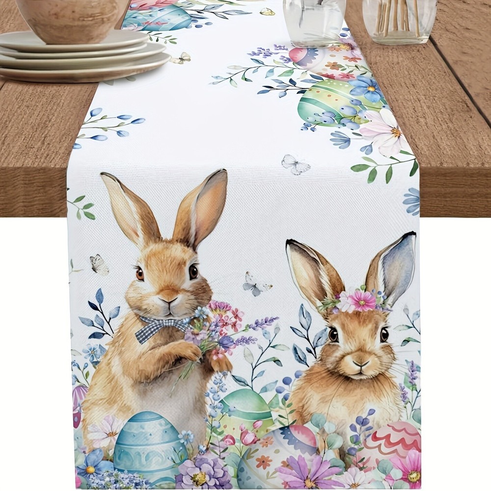 1 PC Easter Table Flag Bunny Eggs Long Eucalyptus Leaf Print Table Runner