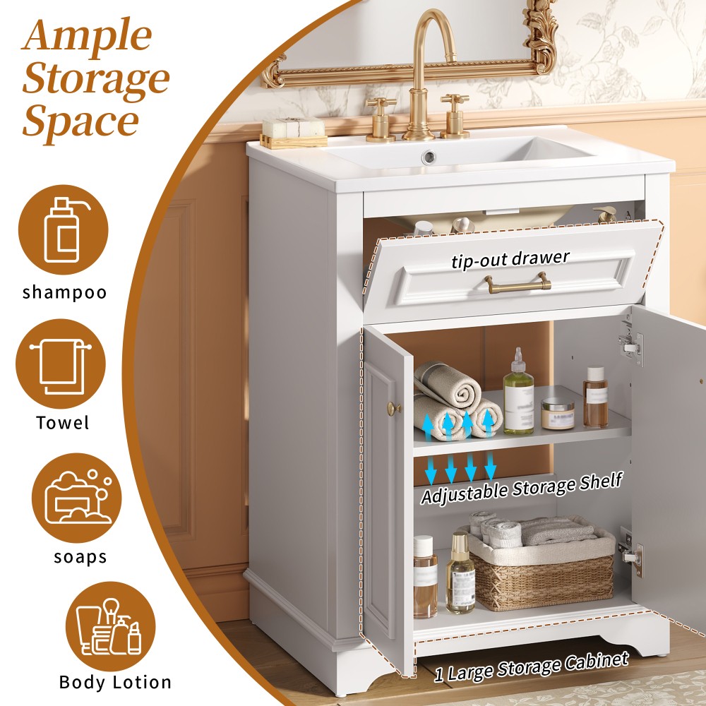 Bathroom Vanity with Ceramic Sink Double Doors Includes 1 Flip-Up Drawer