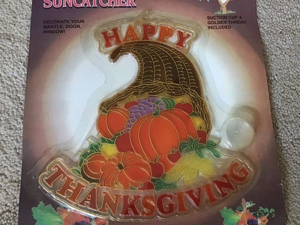 NIP Thanksgiving Plastic Suncatcher "HAPPY THANKSGIVING" Cornucopia