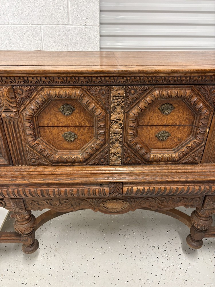 Antique hand carved oak buffet sideboard 74.5 inches long - solid & beaufiful