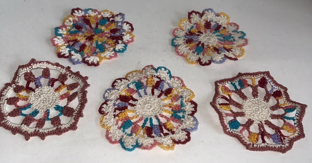 5pcs Crochet Flowers, Crocheted 4”diameter coasters