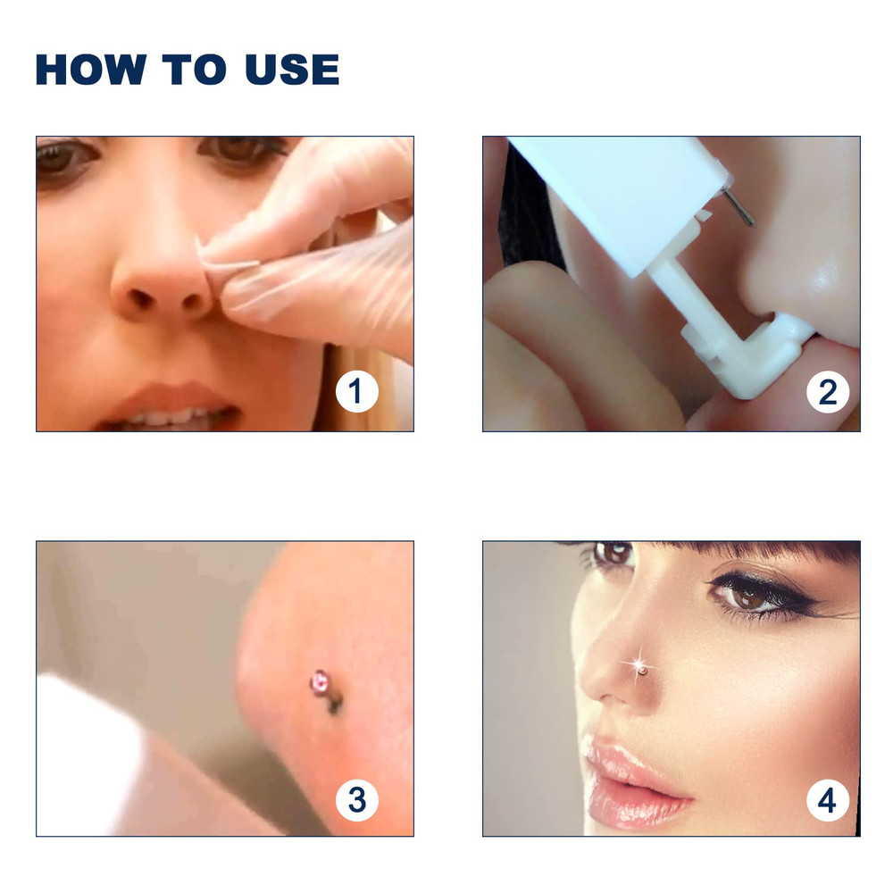 4-Pack Disposable Self Piercing Kit with Built-In Nose Studs, Very Safe Piercing